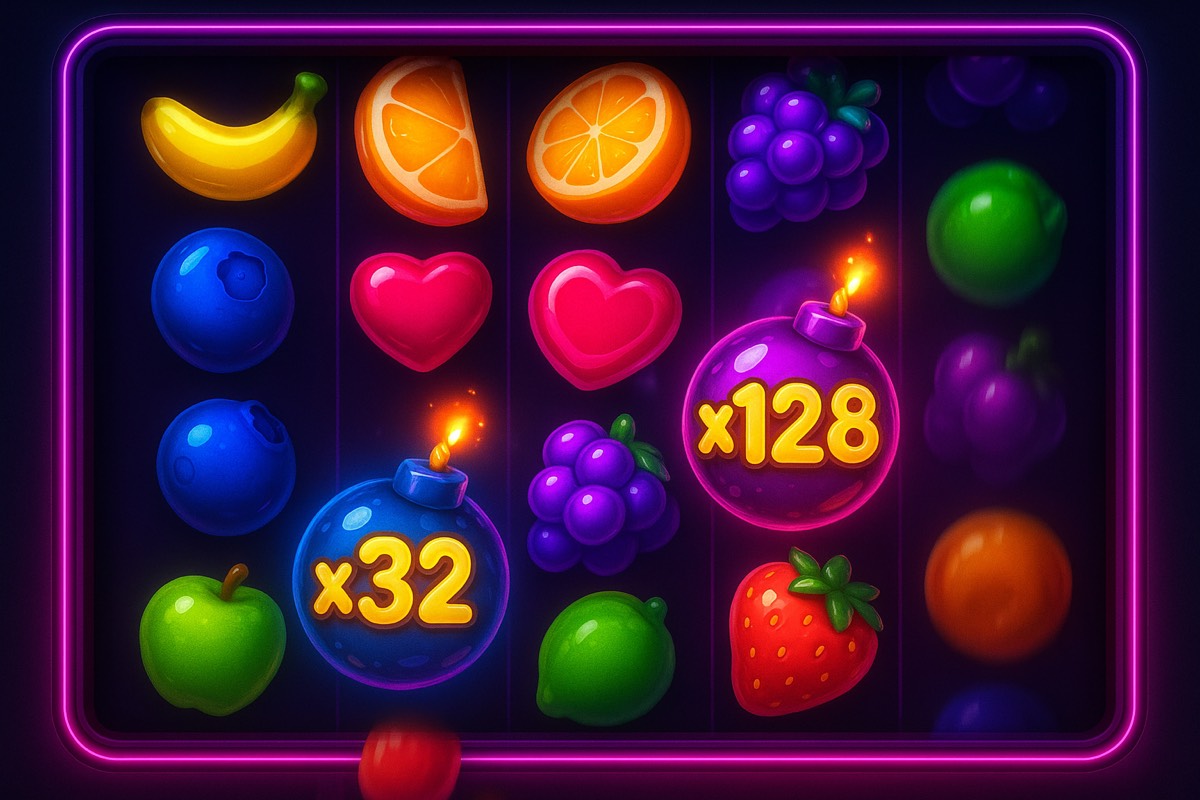 Fruit Party oynanış ekranı: düşen meyve sembolleri ve çarpan bombaları