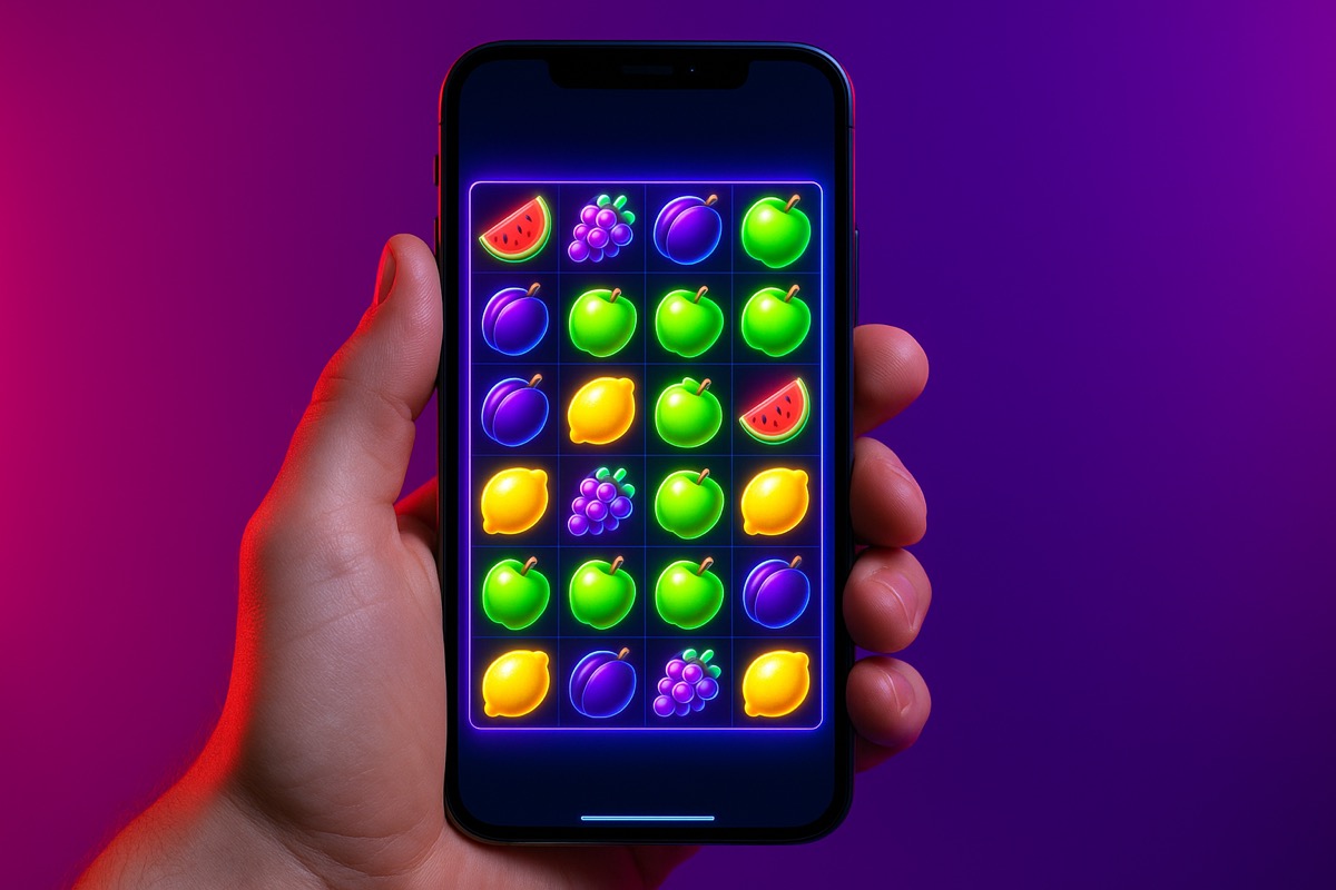 Fruit Party slotunu mobil telefonda gösteren neon arka planlı görsel